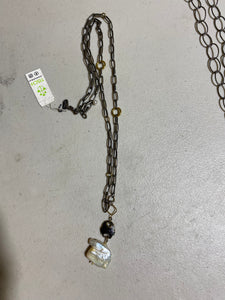 Long Silver Gold Necklace w/ white pearl stone